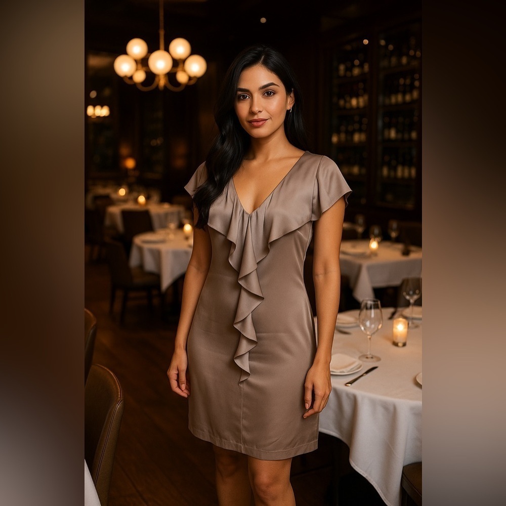 Reiss Selene Taupe Satin Ruffle Dress – Size US 6